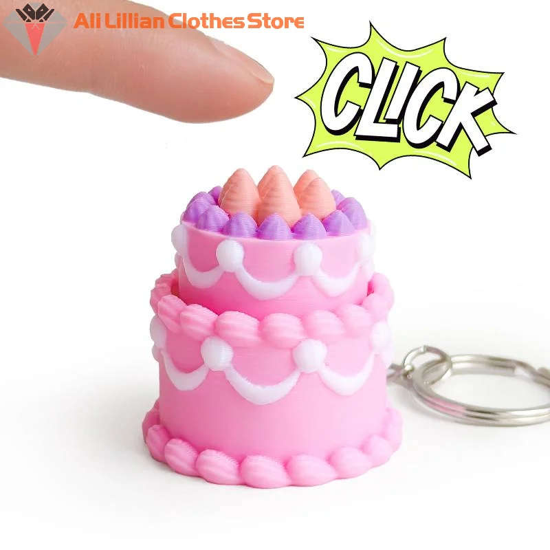 Hot.3D Printed Foods Clicker Keychain Simulation Cake Chocolate Clicker Pendant Decompress Keyring Bag Hanging Stress Relief Toy