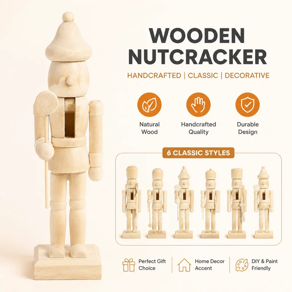 6-Piece Unpainted Wooden Nutcracker Soldier Figurines for DIY Christmas Decor & Home Display