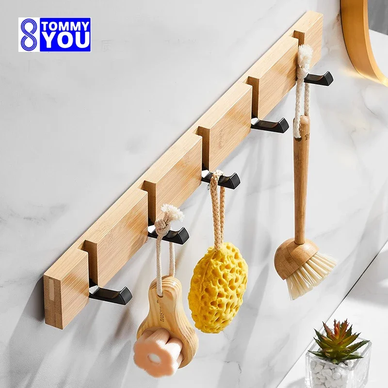 Foldable Wooden Coat Racks Bamboo Hallway Hat Hanger Bedroom Door Wall-Mounting Corner Room Kitchen Toilet Wall Invisible 5 Hook