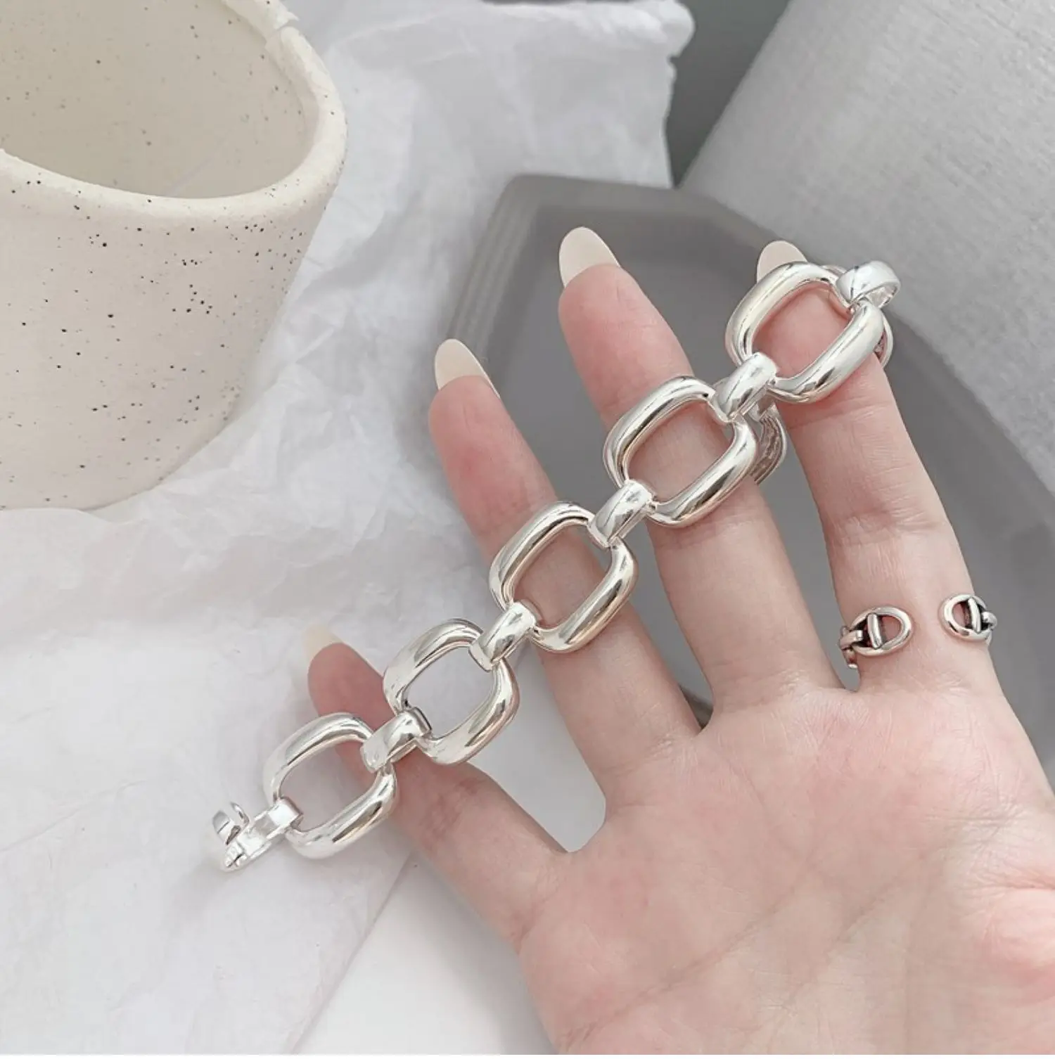 New Arrival Trendy Big Cross Chain Thai Silver Ladies Bracelets Jewelry For Women Hand Accessories Gifts Never Fade