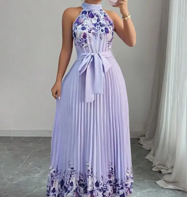 

New 2025 Women's Fashion Printed Pleated Long Skirt Dress Elegant Casual Maxi Dress for Women