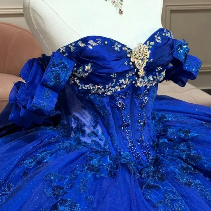 فستان Quinceanera باللون الأزرق الداكن اللامع كريستال لامع ثلاثي الأبعاد على شكل زهرة ملصق طويل بفيونكة فاخرة من Vestidos De 15 Quinceanera تخصيص #6