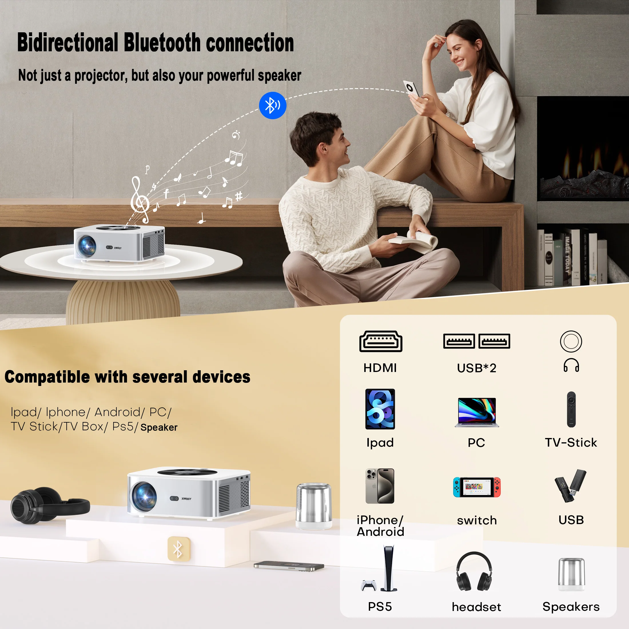 XIWBSY 1000ANSI Proyector para exteriores 8K AutoFocus Proyector Android 8k Video Proyector de cine en casa Wifi6 BT5.2 Proyector portátil