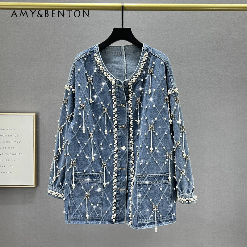 

Heavy Industry Beaded Diamond Denim Coat Jacket For Women 2024 New Spring Loose Slimming Mid-Length Top Clothes Jaqueta Feminina