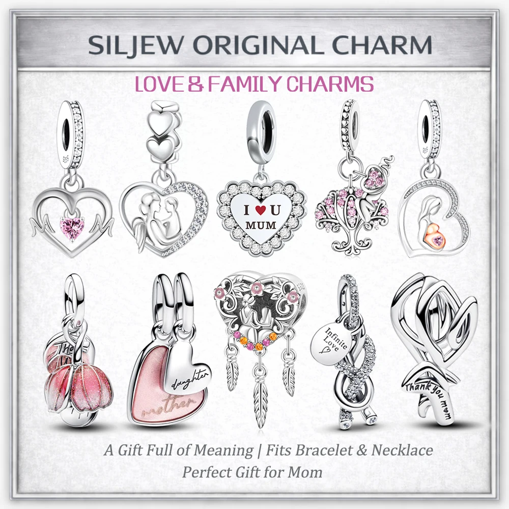 SilJew Heart Charm Beads 925 Silver Dangle Mom Family Infinity Pendant Fit Pandora Bracelet DIY Jewelry Gift for Mother's Day