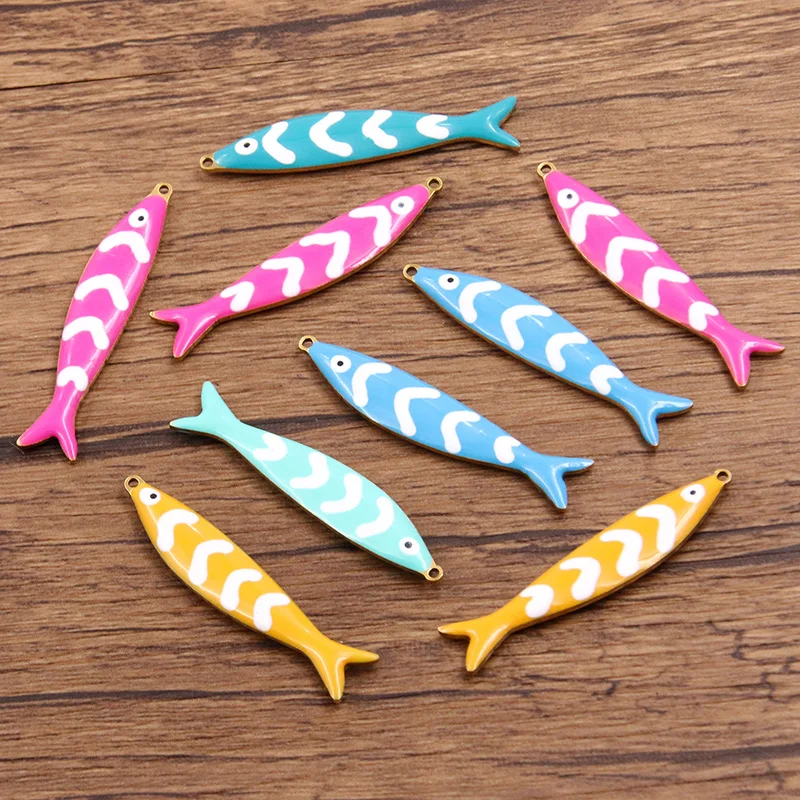 2Pcs 5 Color Two-sided Drip Oil Stainless Steel Marine Organism Pendant Fish  Charm DIY For Jewelry Making