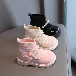 Autumn Winter Kids Mirror Leather Shoes Fashion Toddler Girls Plush Pearl Dance Performance Shoes Children Warm Snow Boots