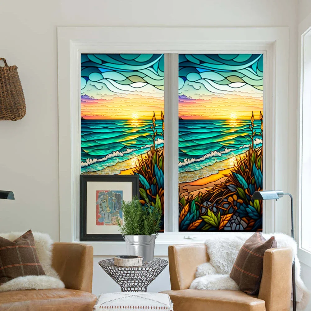 

PVC Stained Glass Window Decorative Films Removable Colorful Seaside Sunset Sticker For Home Kitchen Bathroom Decorations