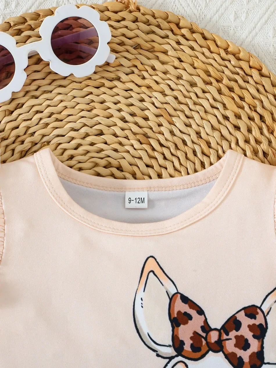 Mädchen-Outfit, 2-teilig, mit Cartoon-Kaninchenmuster, Rüschenärmeln, Leopardenmuster-Shorts, für Kinder, ideal für Sommer, Strand, Alltag, Freizeitkleidung, Set ZYD47. – Detail 5