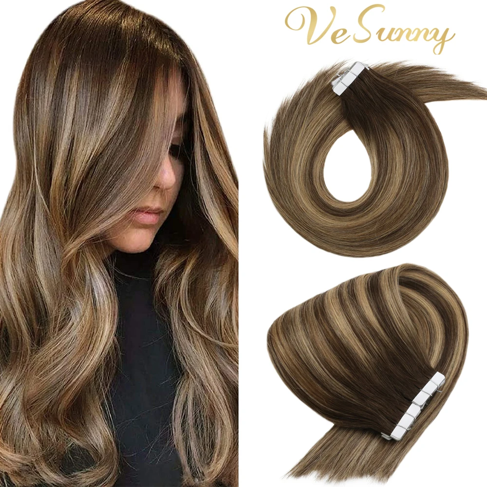 VeSunny-extensiones de cabello natural, cinta adhesiva en extensiones de cabello humano, 50g por paquete, trama de piel sin costuras, cinta de cabello liso Remy, 20 Uds.