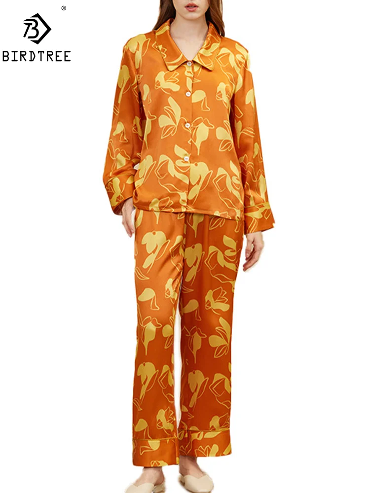 

BirdTree, 19MM 100%Real Silk Pajamas Set, Women Printed Long Sleeve Long Pants, Casual Homewear, 2024 Spring Summer New S44697QM