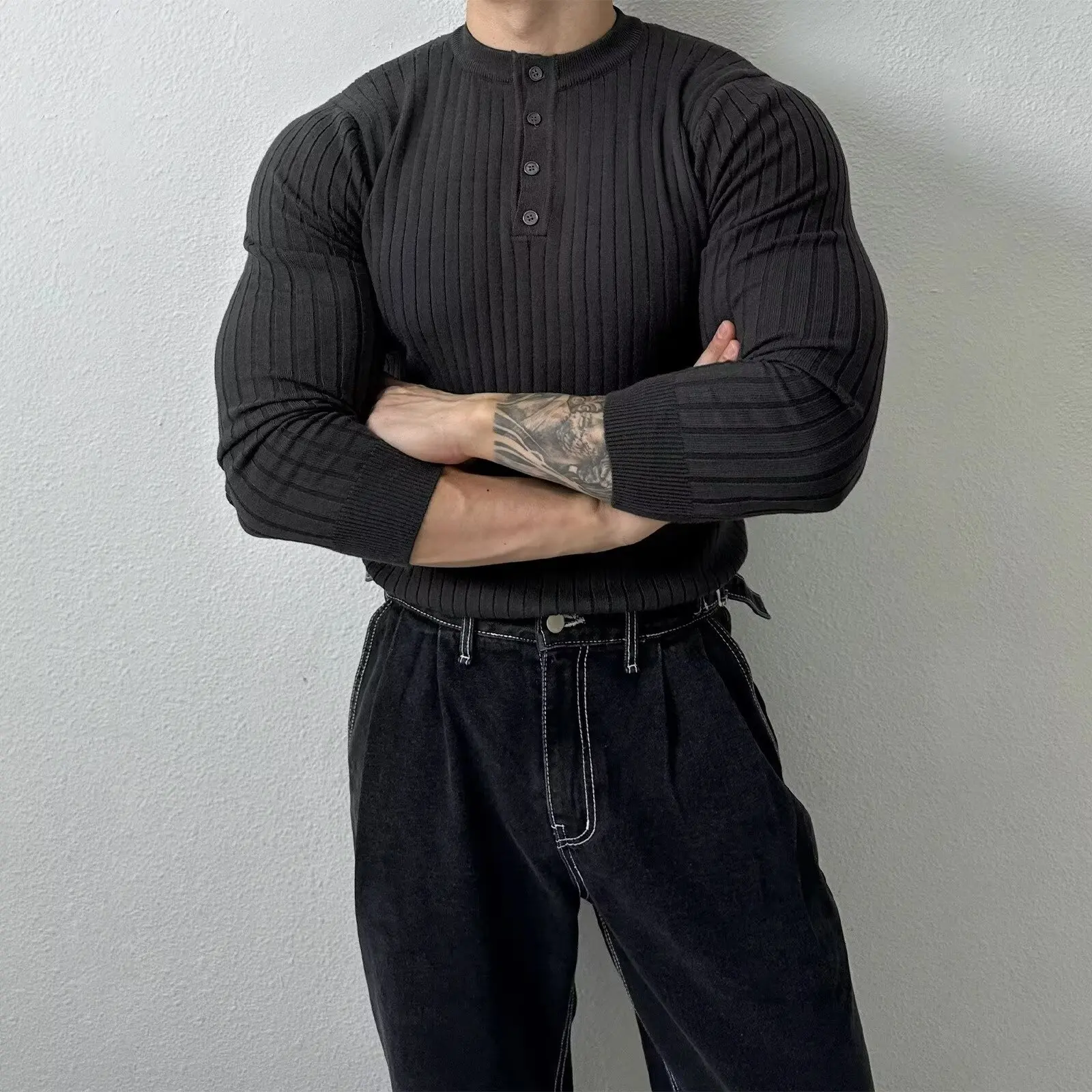 

Fall 2024 Korean Style Shirt Collared Knitted Long Sleeve Men's Base Layer Pure Color Inner Wear Top Yang Jing Brand