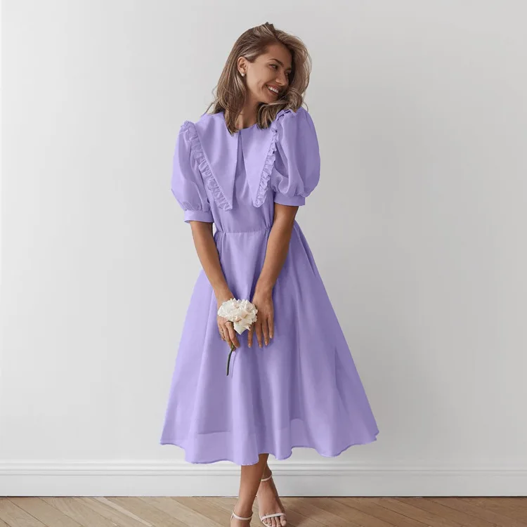 

2026 Doll Collar Dress New Purple Short-sleeved Pleated Temperament Elegant High-waisted A-shaped Long Skirt