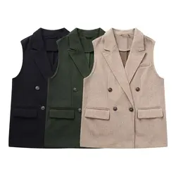 Tangada 2024 Autumn Winter Women Solid Woolen Waistcoat Vintage Sleeveless Female Coat BE0246