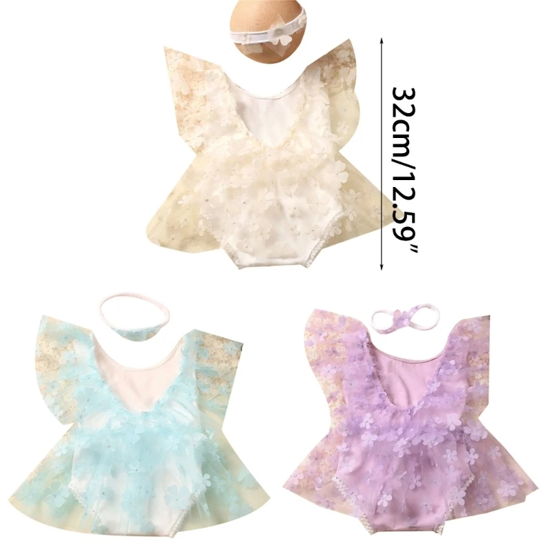 Infant Photography Props Lace Romper Flower Headdress Baby Photo Suit Photoshooting Props Clothes Newborns Shower Gift