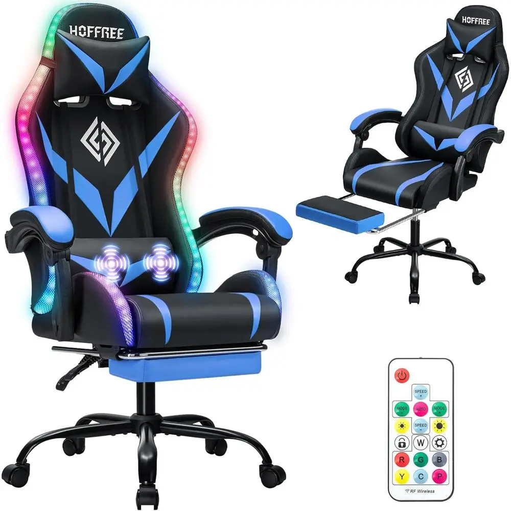 

Ergonomic High-Back Reclining Computer Chair with LED RGB Lights, Massage, and Adjustable Lumbar Support - Blue and Black
