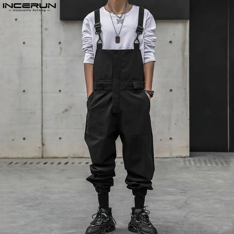 INCERUN Men Jumpsuits Solid Color Sleeveless Straps Rompers Loose Streetwear 2024 Fashion Casual Male Suspender Cargo Overalls