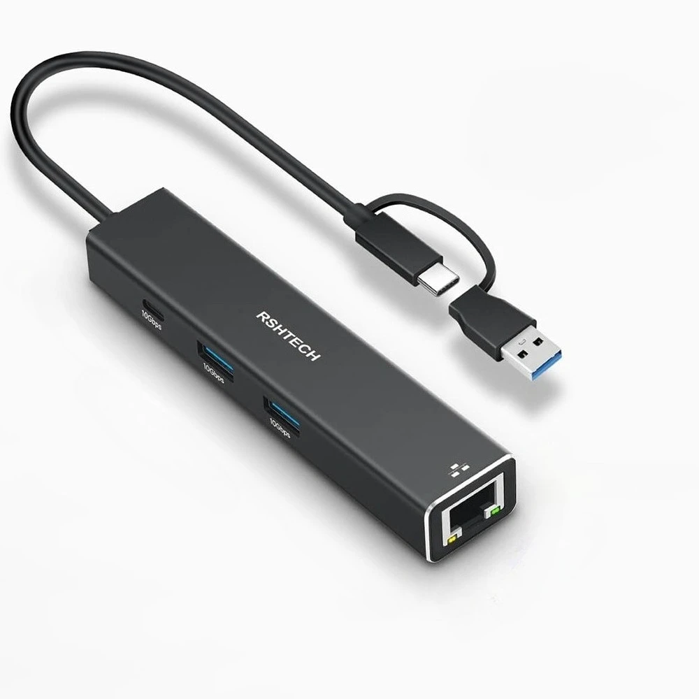 RSHTECH USB C to LAN Network Adapter 10Gbps USB-C and 2 USB-A Data Ports USB Hub with RJ45 Gigabit Ethernet Aluminum Splitter for Laptop and PC