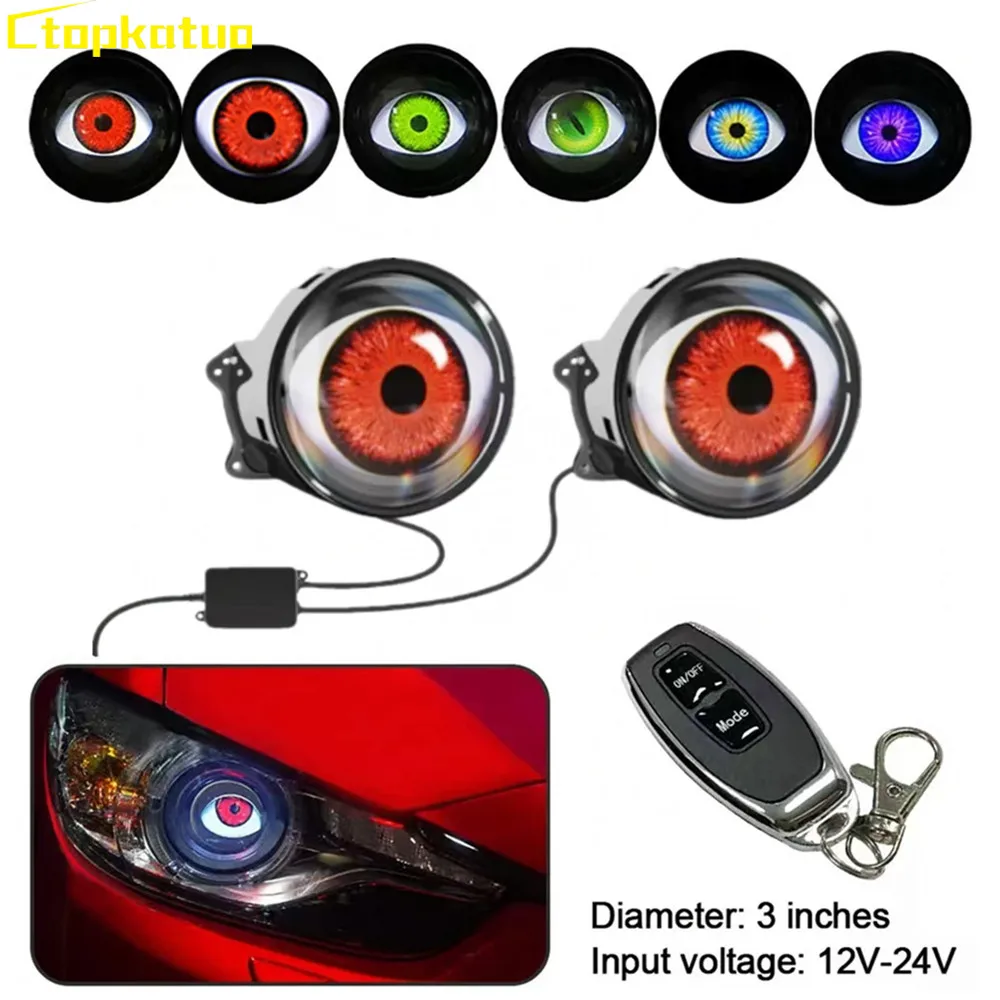 2PCS Remote Control LED Eye Lights Truck Car Headlight Fog Lights Universal Motorcycle Lens Dynamic Devil Eyes Decoration Car