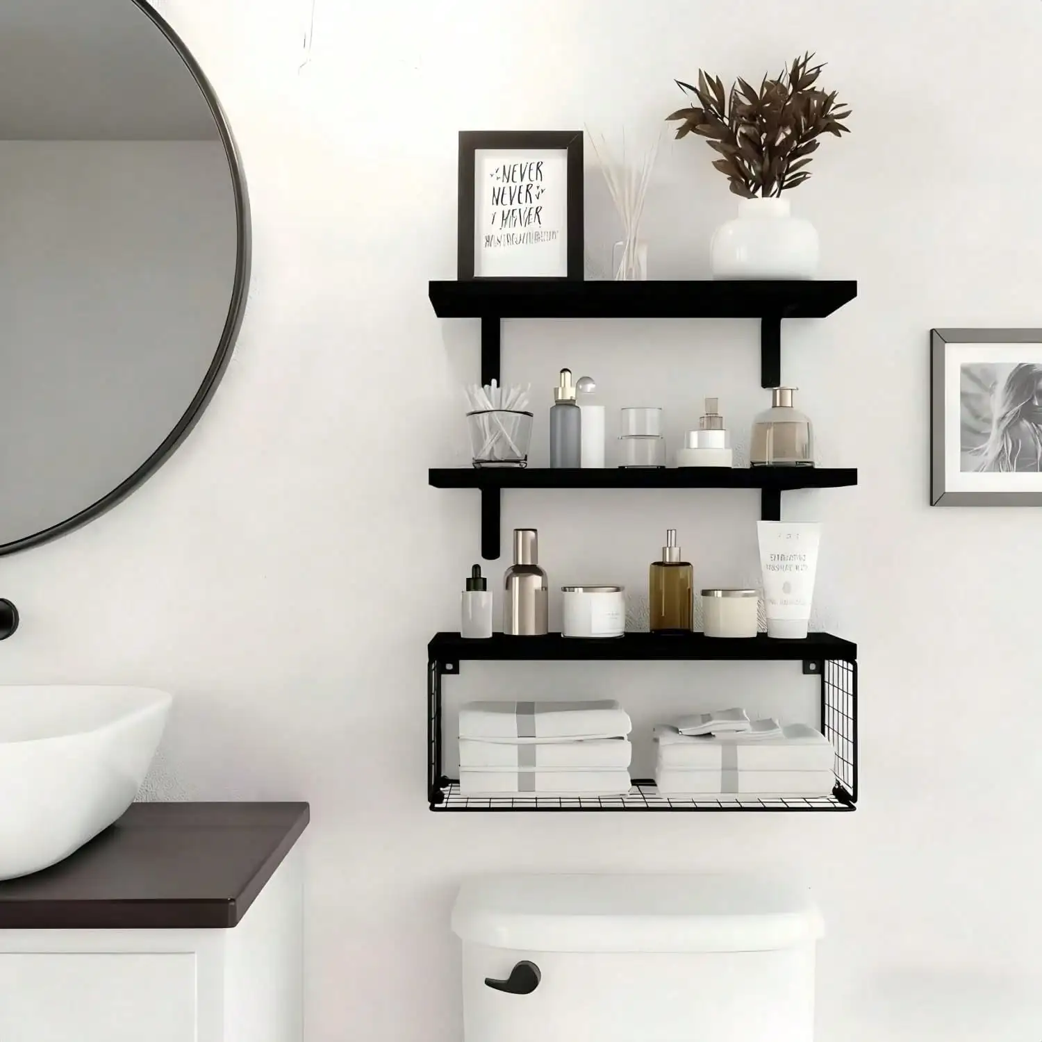 Bathroom Shelves Over Toilet - Wall Mounted Floating Shelves Toilet Paper Storage Small Farmhouse Decor Shelf 16 Inch Set Of 3, Black