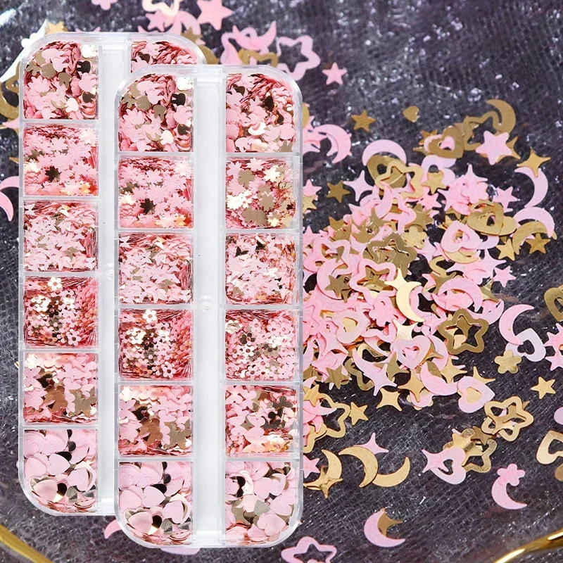 

Pink Nail Art Decorations Glitter Shiny Sweet Love Heart Star Flakes Sequins 3D Manicure Nail Charms Decorations Nail Supplies