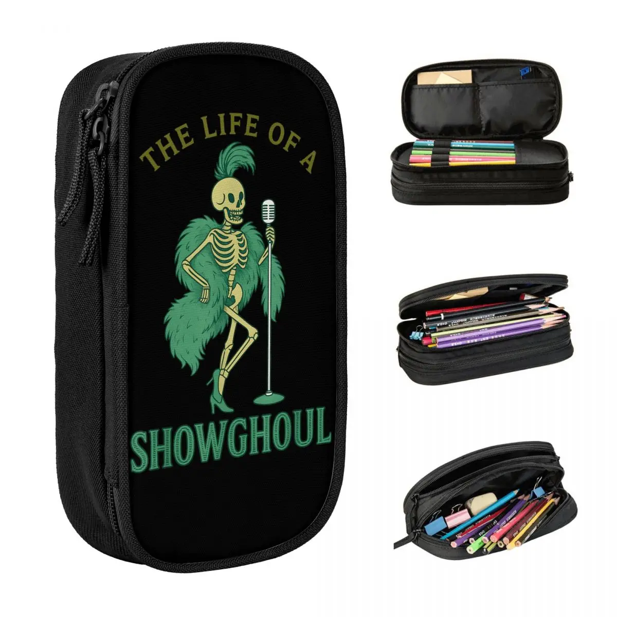 The Life Of A Showghoul Funny Halloween Skeleton Pencil Case School Pencil Cases Double Layer Students Kawaii University Pencil