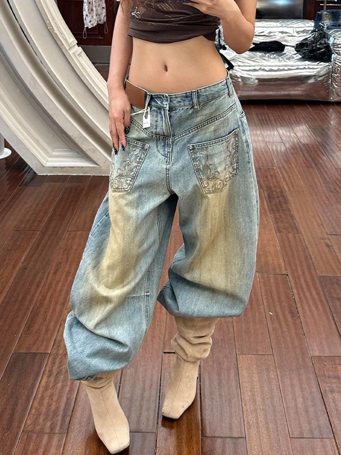 American Retro Embroidered Denim Jeans Women's Autumn Weathered Mud Dye Reverse Pocket Floor-Length Pants Low Waist Wide Leg