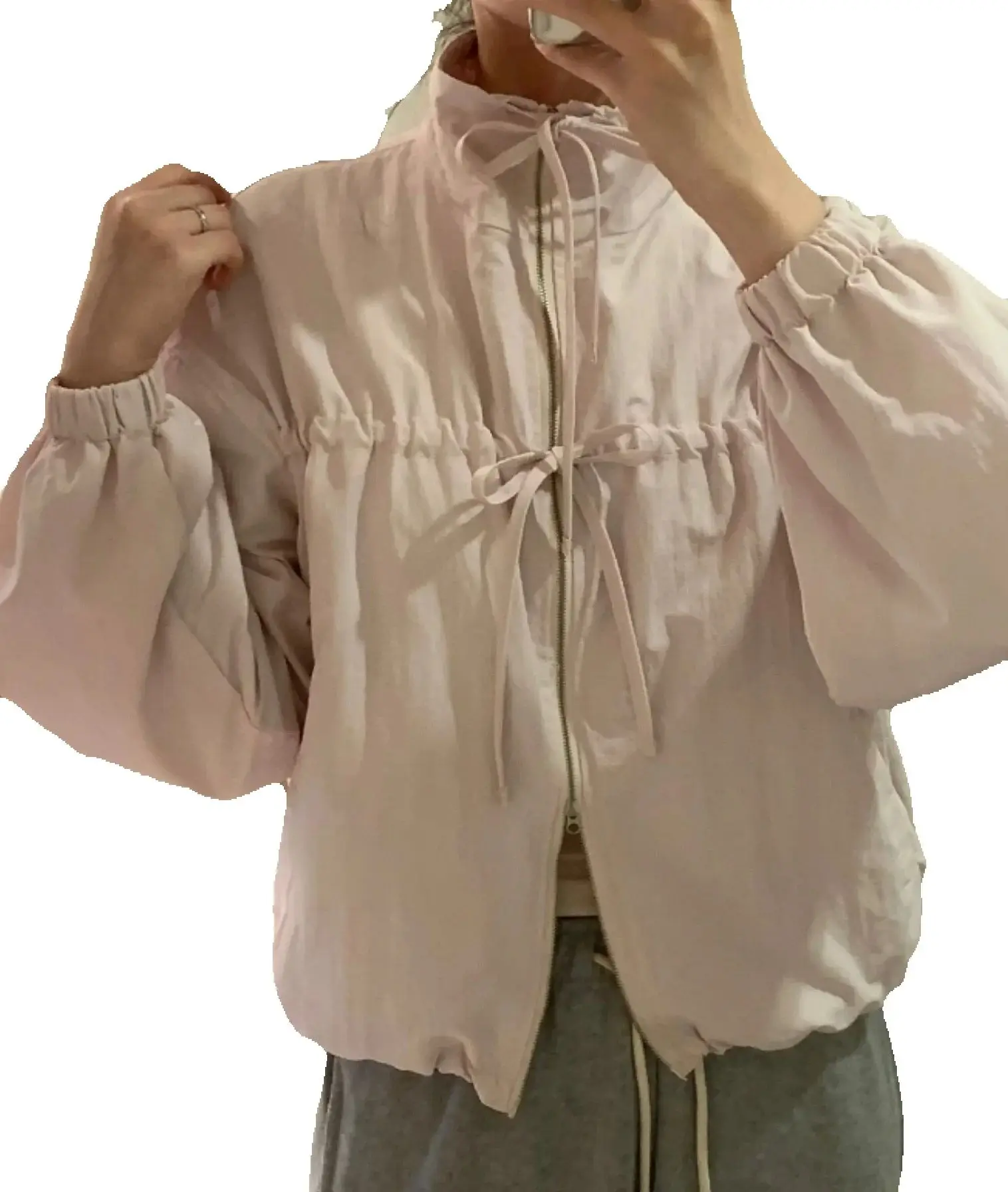 Women's Versatile Stand Neck Bow Tie Windbreaker Lightweight Thin Jacket Perfect Sunscreen Coat for Spring/Summer