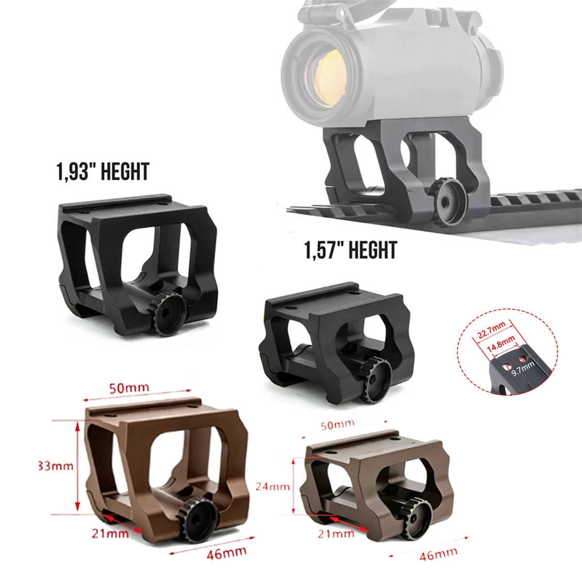 

1.54 1.93 Height Riser Scope QD Mount for T01 T02 Red Dot Sight Scope Heighten Base Adapter Bracket Reflex Sights 20mm Aluminium