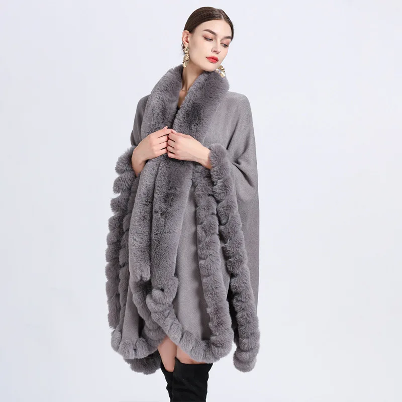 Warm Rex Rabbit Fur Collar Ponchos Women\'s Cashmere Loose Cosplay Overcoat Cape Shawl Woolen Large Size Cloak