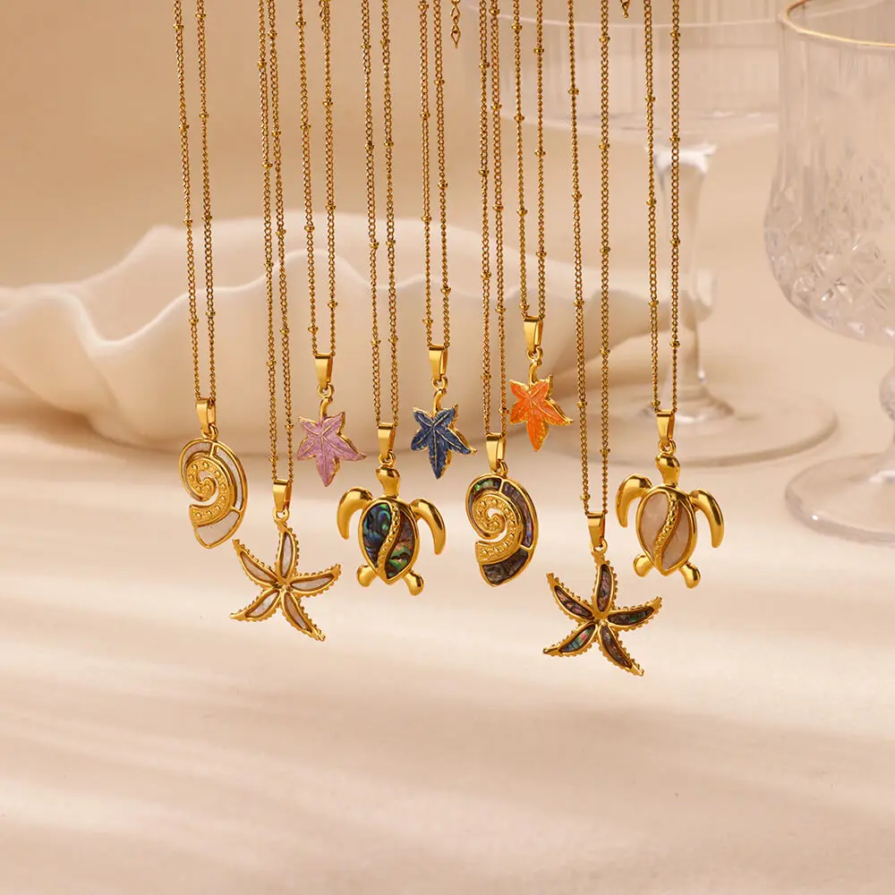 2024 Trendy Summer Ocean Series Jewelry Gold Color Starfish Turtle Conch Necklace For Women Waterproof Stainless Steel Jewelry ﻿