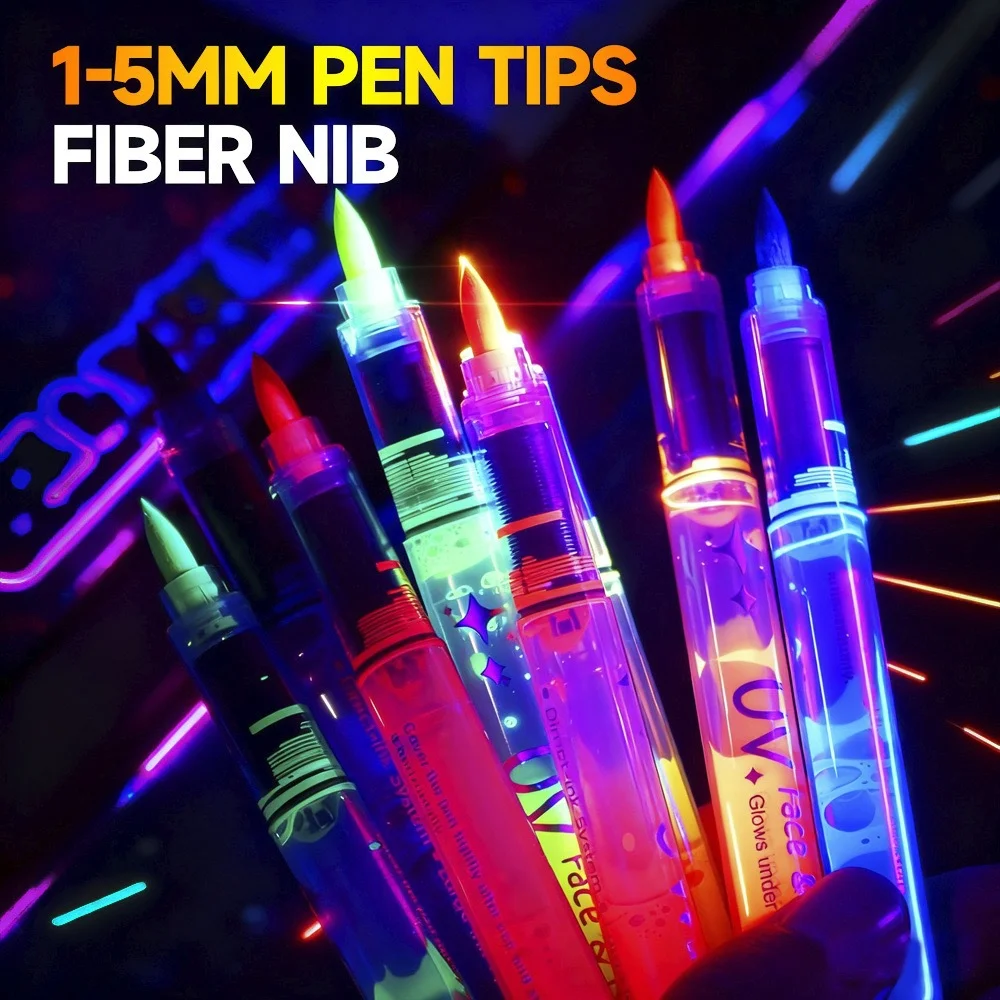 8 Colors Body Paint Glow Pens Erasable Body Fluorescent Pens Face Art Painting Graffiti Pens Luminous Holiday Party UV Light Pen