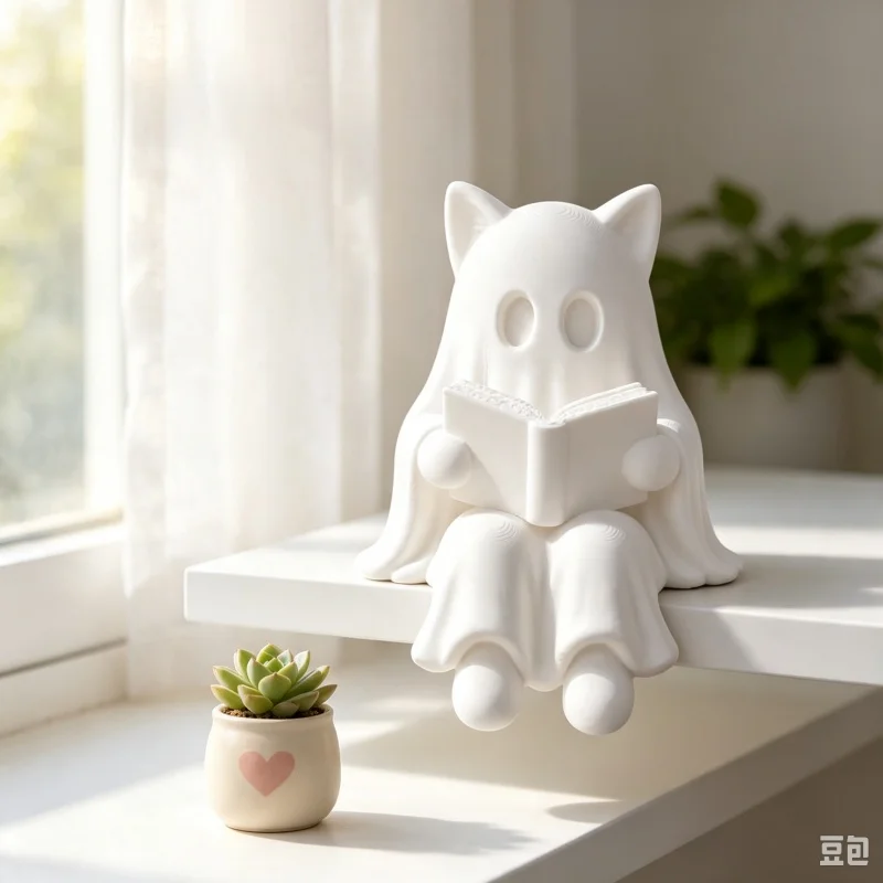 3D Printed Cat‑Ear Ghost Reading Book Shelf Sitter Figurine,Cute Ghost Sit‑on‑Shelf,Whimsical Edge Sitting Ornament Decor