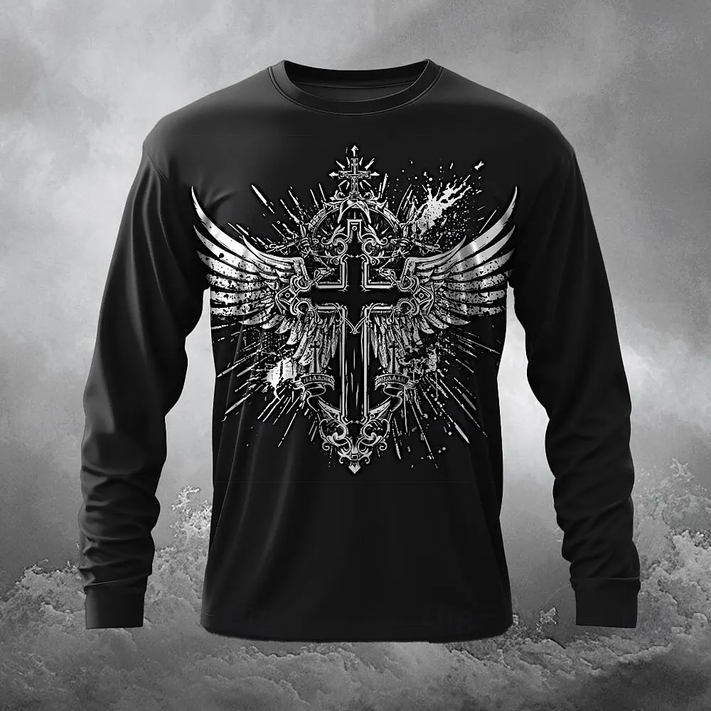 

Funny Cross Wing Pattern Men's T Shirt Casual O-neck Loose Long Sleeve T-shirt Spring Autumn Comfortable Pullover Fashion Tops