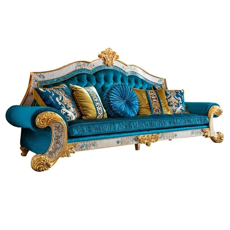 French sofa, solid wood double-sided engraved French peacock blue fabric sofa, French sofa