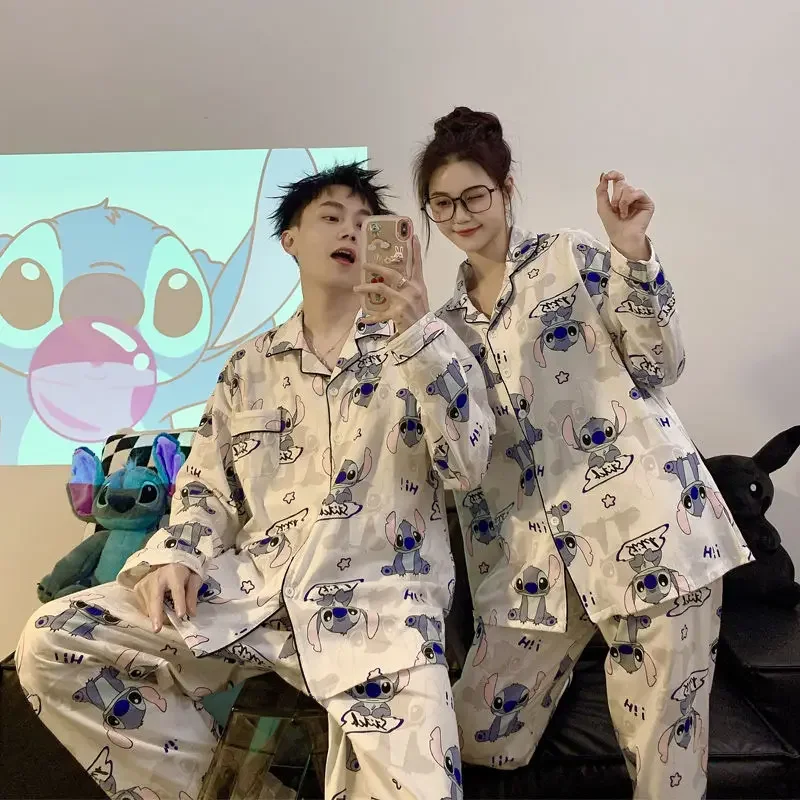 Disney Stitch Spring Summer Ladies Faux Silk Polyester Pajama New Men Couple Long-sleeved Trousers Homewear Winter Sleepwear 3XL