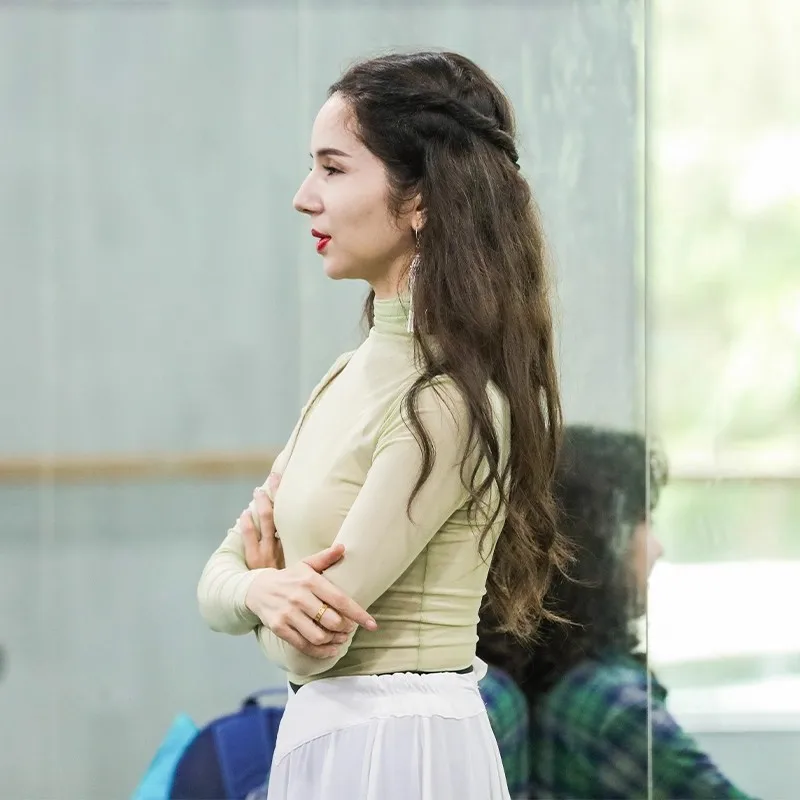 Robe d'entraînement de danse en fil de maille, col haut, manches longues, hauts de Ballet de danse classique, vêtements de danse folklorique chinoise, vêtements de scène
