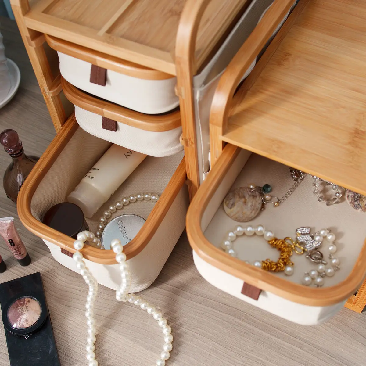 

Bamboo Desktop Organizer with Drawers, Multi-Layer Cosmetic Storage Rack, Jewelry Holder Shelf, Minimalist Storage Box