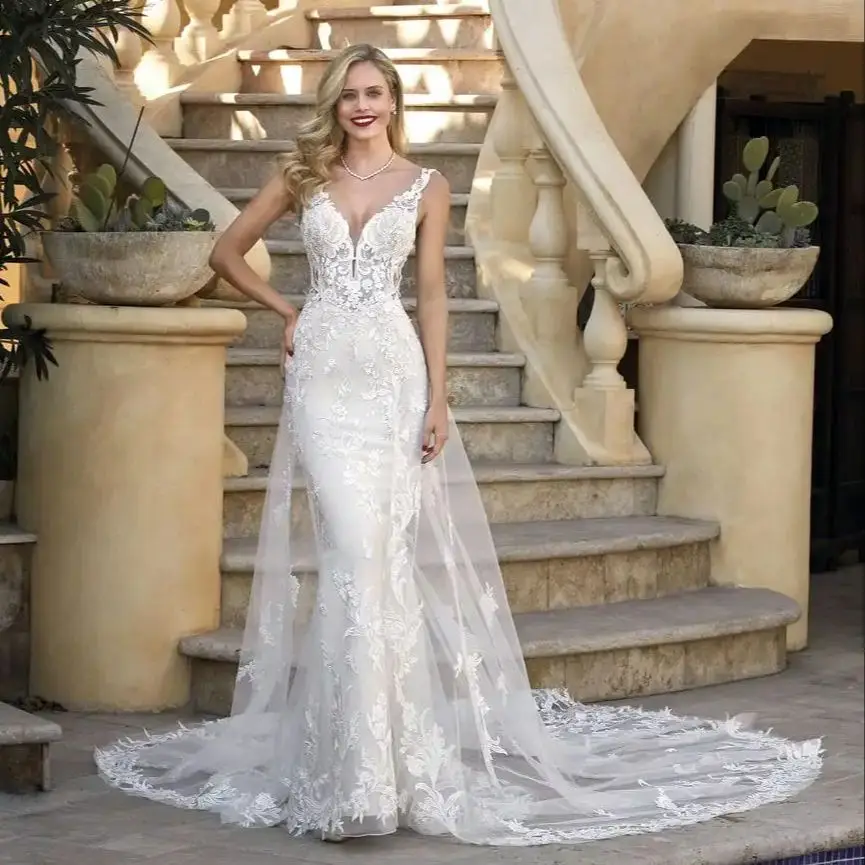 

Gorgerous Mermaid Wedding Dresses Lace Appliques Sleeveless Bridal Gowns Sexy Backless Floor Length Vestidos De Mariee