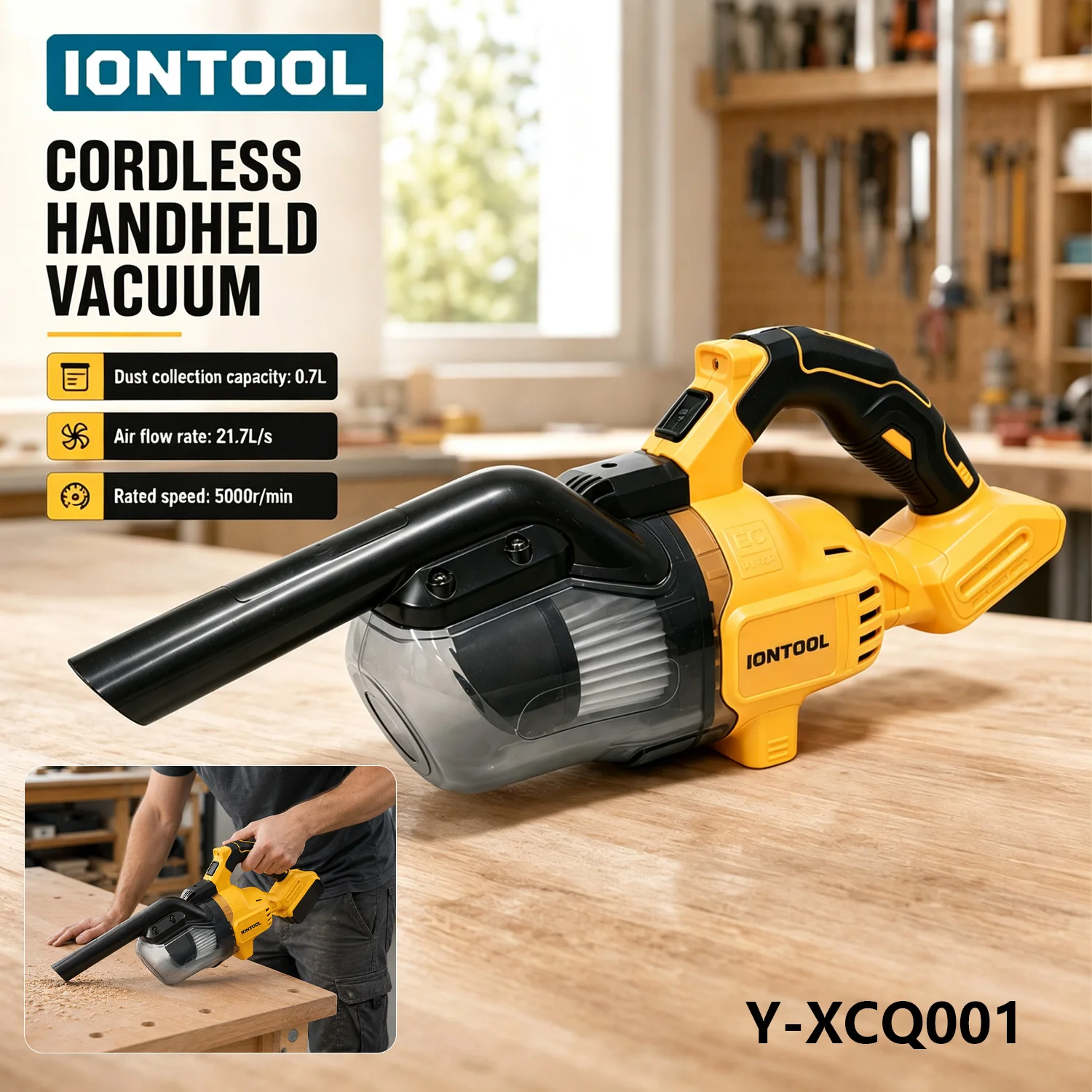 IONTOOL Yellow Brushless Handheld Dry Vacuum 400W 0.7L Dust Cup 21.7L/s Airflow for Home Dry Dust Cleaning Bare Tool