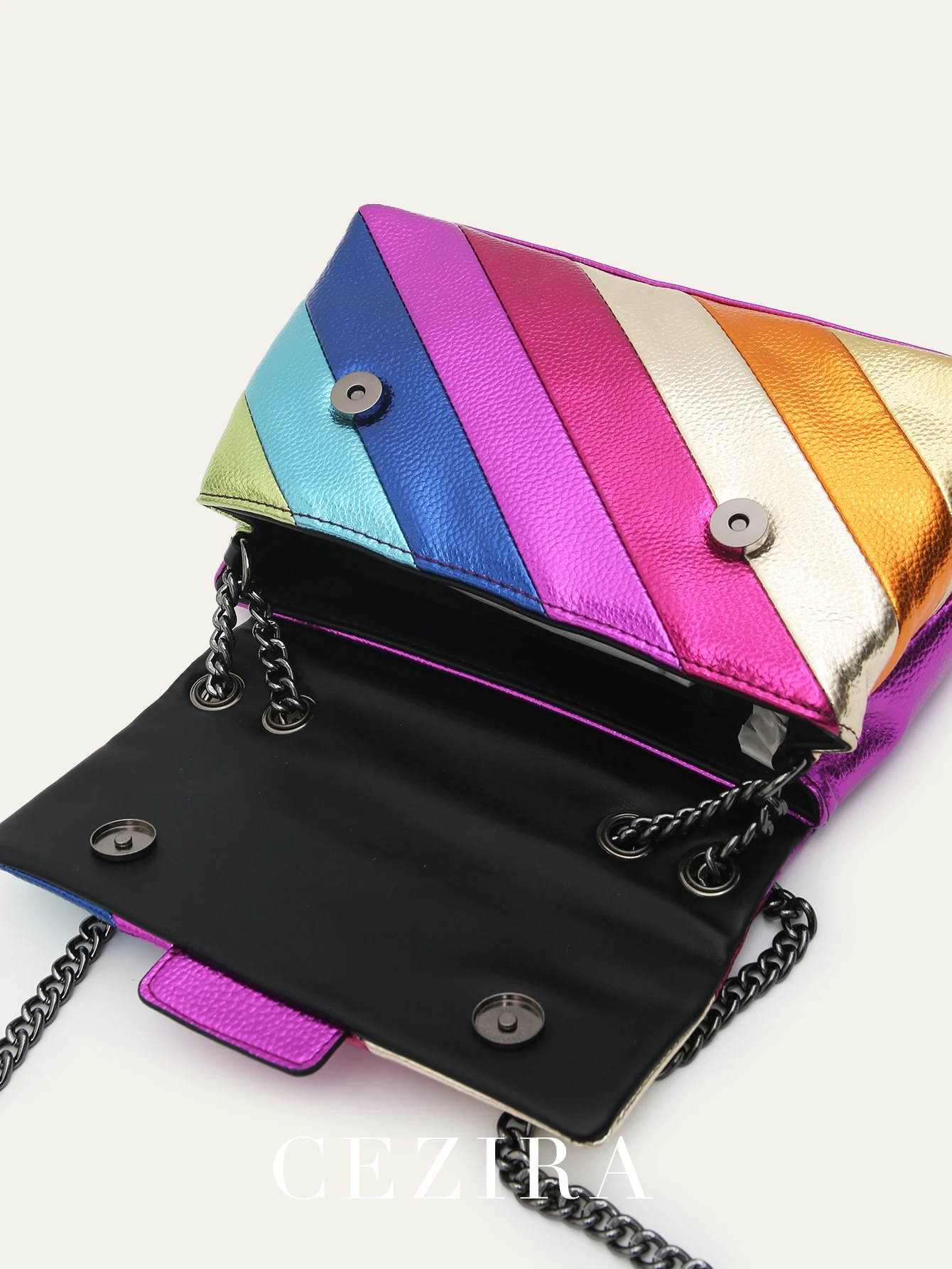 CEZIRA Women Fashion Funky Metallic Colorful Stripes Handbags PU Leather Square Magnetic Flap Long Chain Cross Body Shoulder Bag