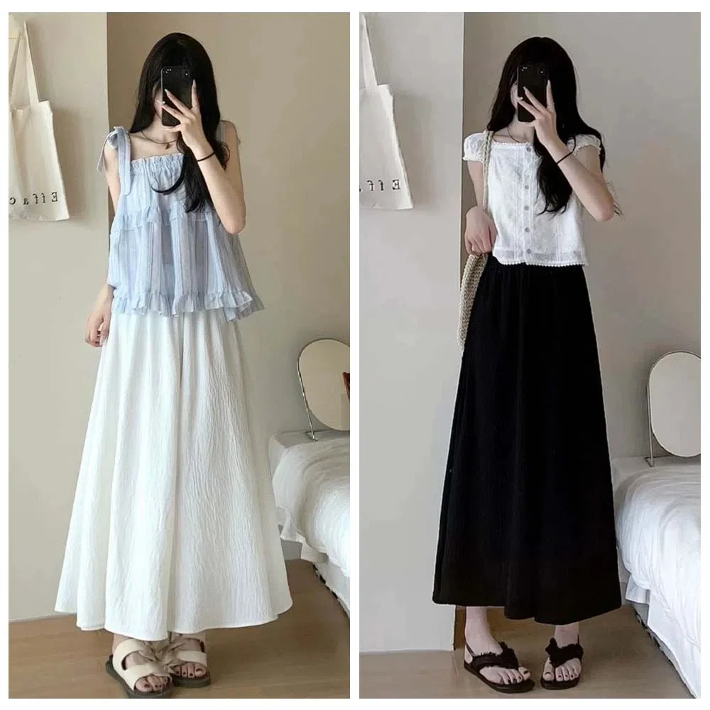 

Ice Silk Ice Silk Wide Leg Pants Skirt White Black Solid Color Wide Leg Pants for Women Loose High Waist Women's Harem Pants