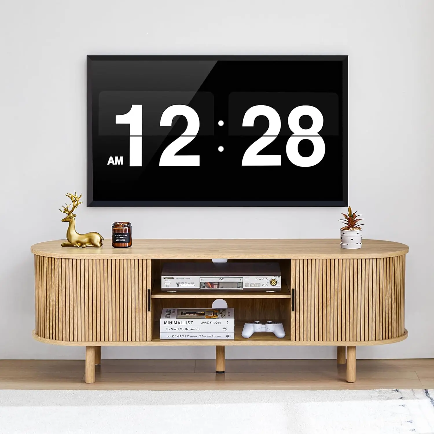 54" Fluted TV Stand with Storage, Mid Century Modern TV Console with Tambour Sliding Doors, Curved Entertainment, Customized
