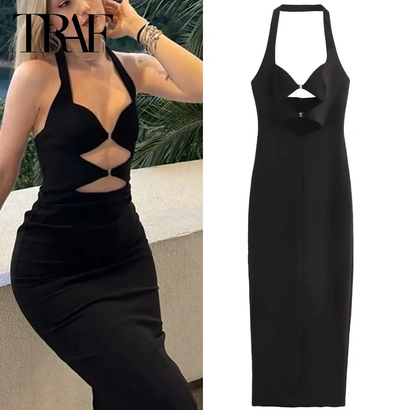 TRAF-vestido largo con hombros descubiertos para mujer, traje negro con cuello Halter, Espalda descubierta, Sexy, para fiesta de graduación, Verano