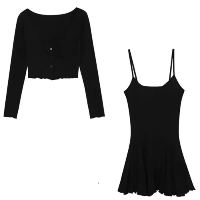 Korean Spring and Summer Low-cut Two-piece Set Sexy Slightly Translucent Halter Dress Fashionable Goddess-like Style Short Skirt