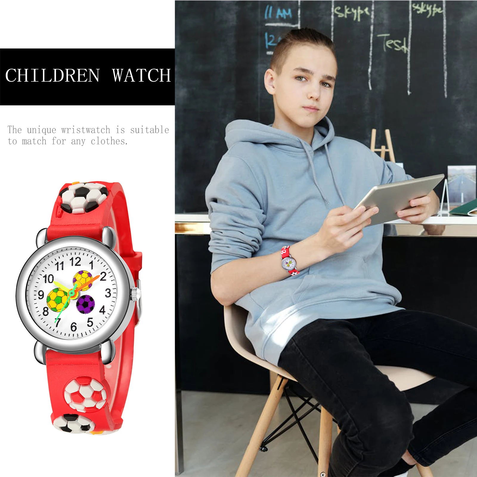 

Football Pattern Kids Watch Cartoon Wristwatch for Children Lightweight Durable Plastic Strap Simple Design Suitable Any Clothes