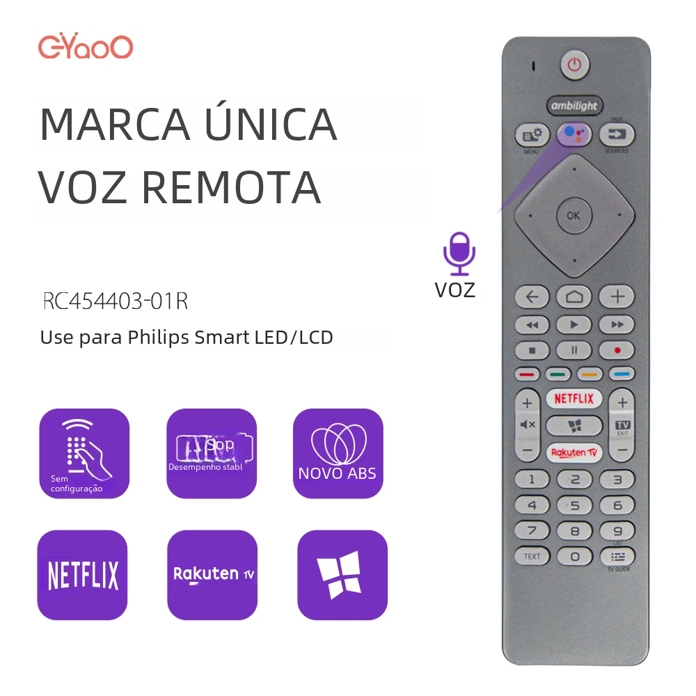 Controle remoto de TV de voz 43PUS7354/12 para Philips Ambilight FR 398GM10BEPHN0012PH NETFLIXRakuten Botões de TV Google Voice Search