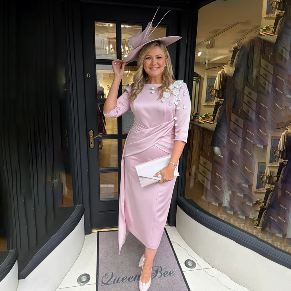 

Pink Mother Of The Bride Dresses 2026 Straight 3/4 Sleeve Elegant Wedding Guest Gowns 3D Flowers Eveing Party Gowns Customized