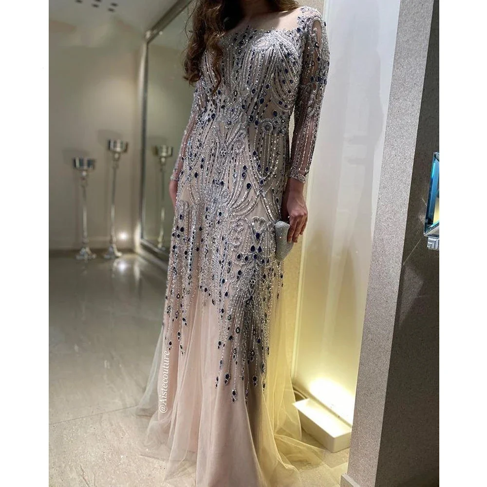 2024 Haute Couture Dubai Luxury Mermaid Sweetheart Evening Dress For Women Long Sleeves Beading Crystal Formal Prom Dress