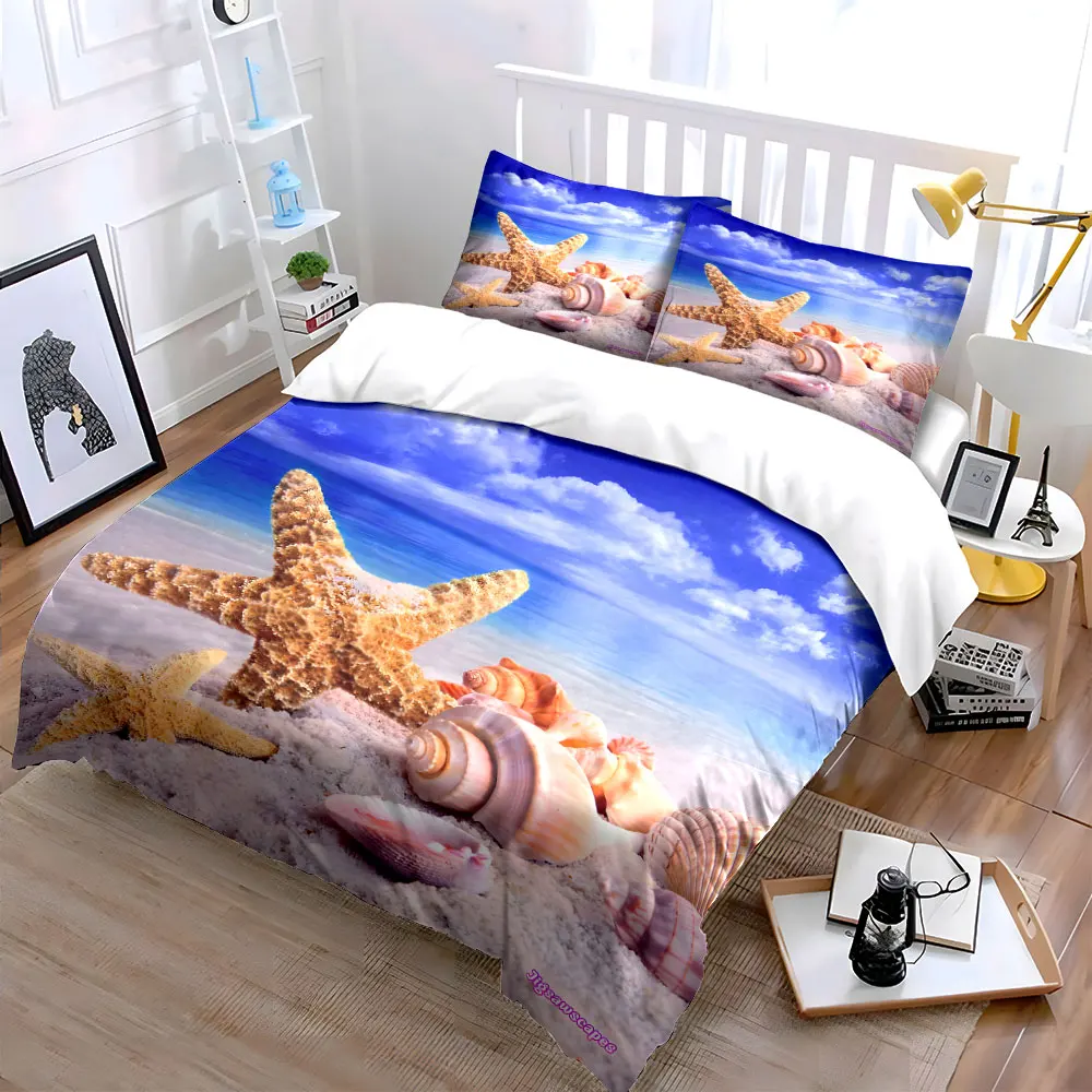 Starfish and Shells on Beach Printed Duvet Cover Set1 Duvet Cover+2 PillowcaseMulti Size Bedroom Bedding Decor Luxury gifts